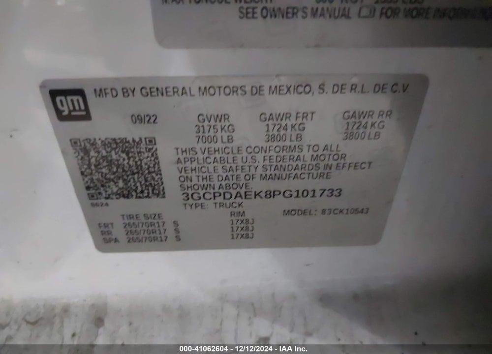 2023 CHEVROLET SILVERADO 1500 4WD SHORT BED WT VIN: 3GCPDAEK8PG101733