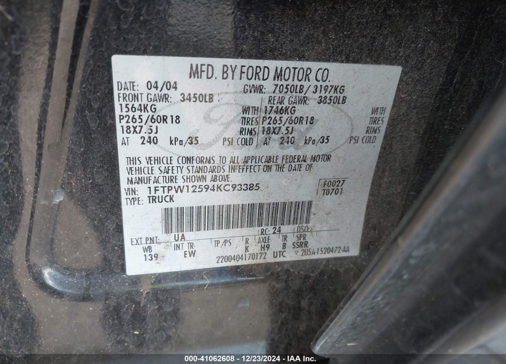2004 FORD F-150 LARIAT/XLT VIN: 1FTPW12594KC93385