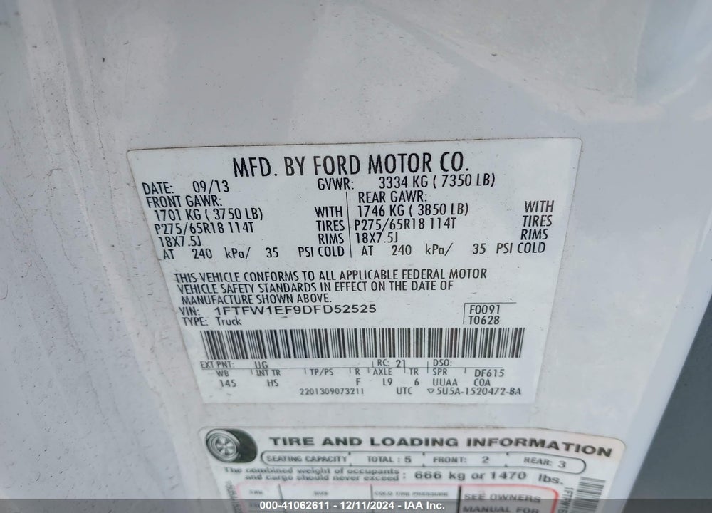 2013 FORD F-150 LARIAT VIN: 1FTFW1EF9DFD52525
