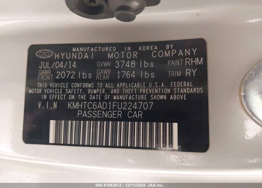 2015 HYUNDAI VELOSTER VIN: KMHTC6AD1FU224707