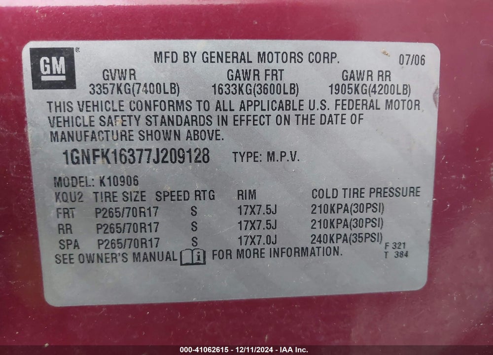 2007 CHEVROLET SUBURBAN 1500 LT VIN: 1GNFK16377J209128