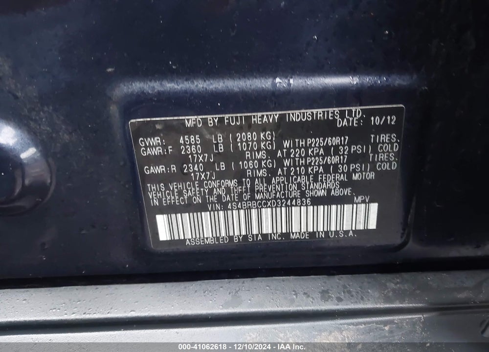 2013 SUBARU OUTBACK 2.5I PREMIUM VIN: 4S4BRBCCXD3244836