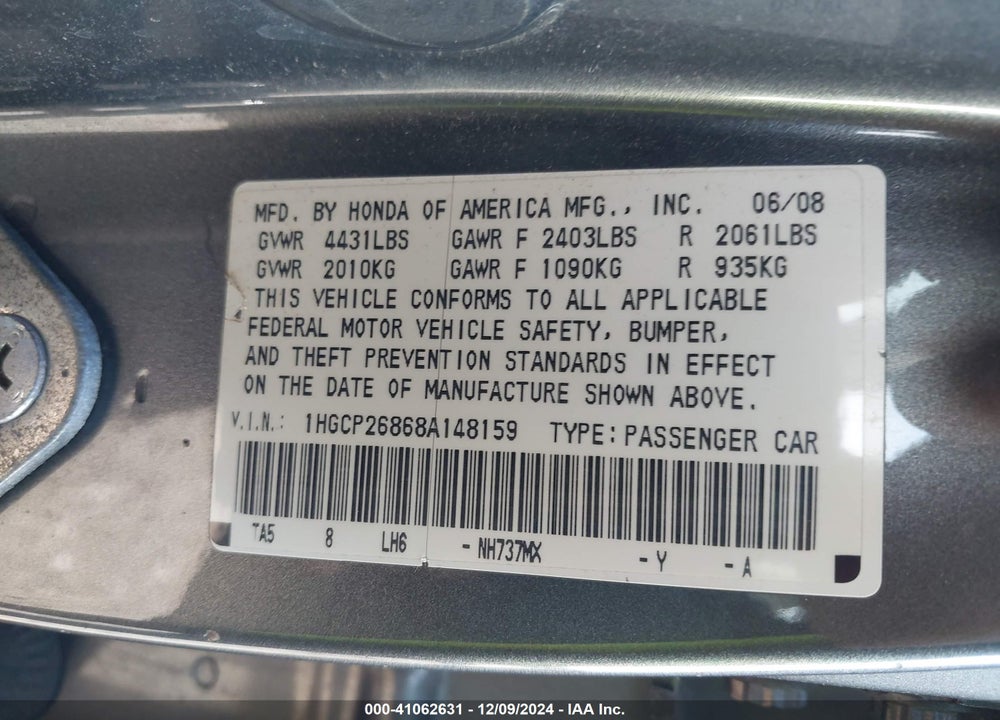 2008 HONDA ACCORD 2.4 EX-L VIN: 1HGCP26868A148159