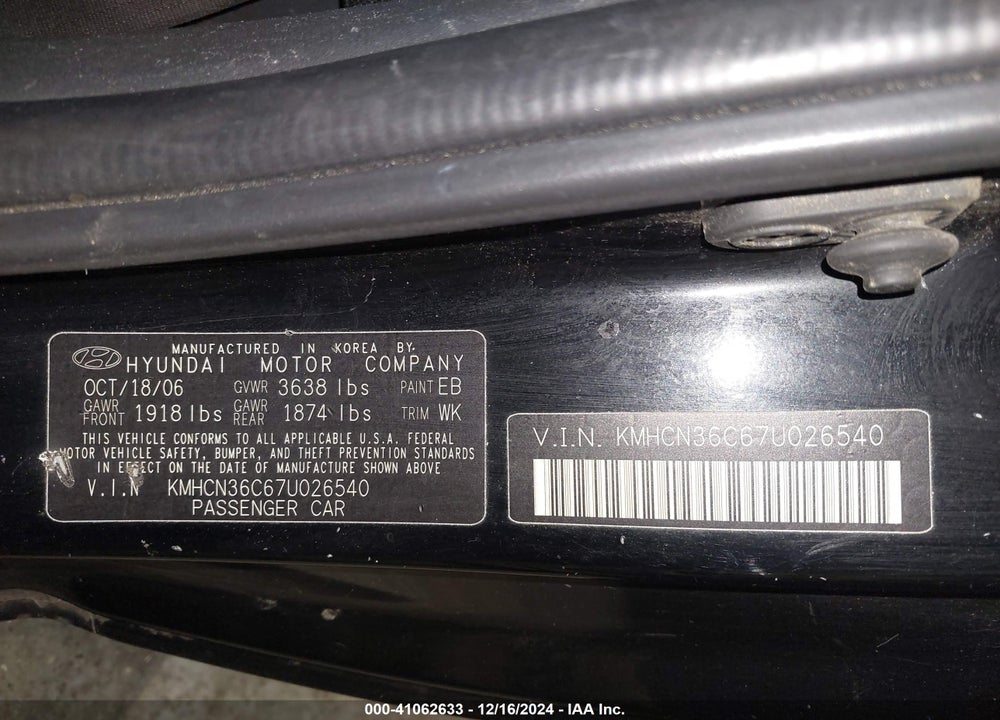 2007 HYUNDAI ACCENT VIN: KMHCN36C67U026540
