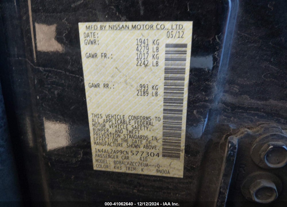 2012 NISSAN ALTIMA 2.5 VIN: 1N4AL2AP9CN577304