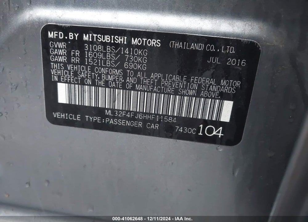 2017 MITSUBISHI MIRAGE G4 SE VIN: ML32F4FJ6HHF11584