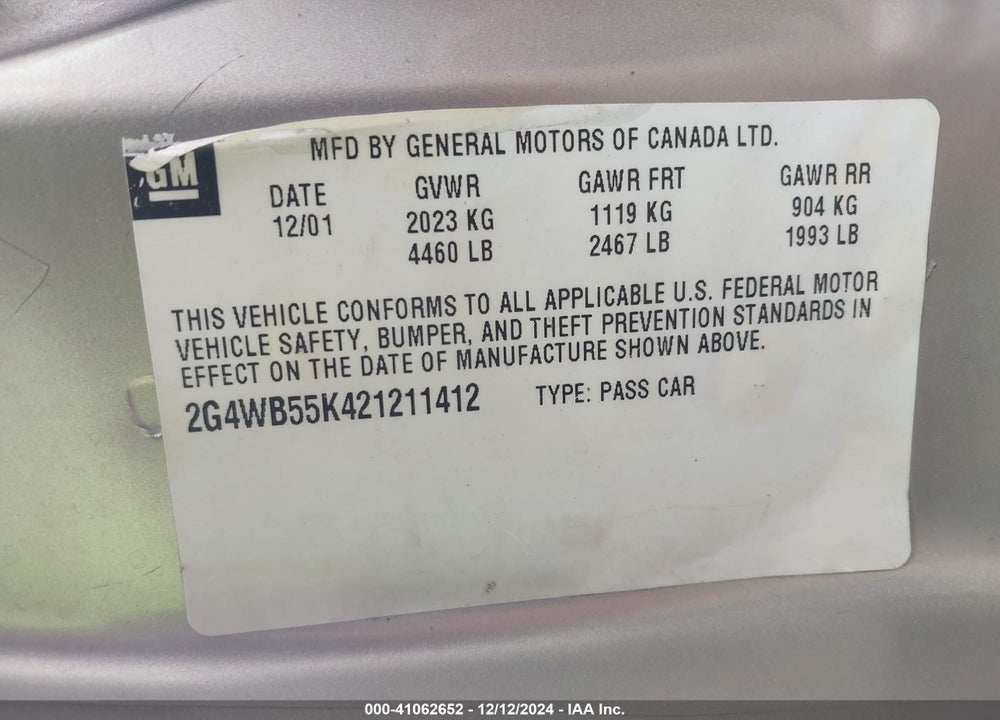 2002 BUICK REGAL LS VIN: 2G4WB55K421211412