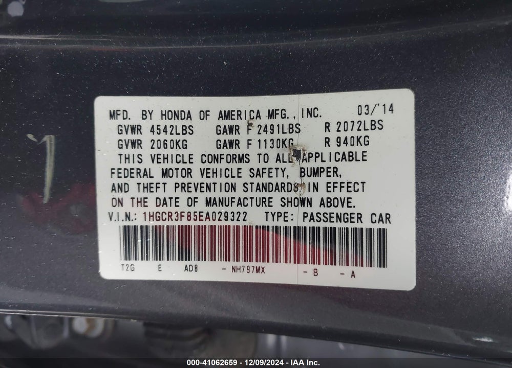 2014 HONDA ACCORD EX-L V-6 VIN: 1HGCR3F85EA029322