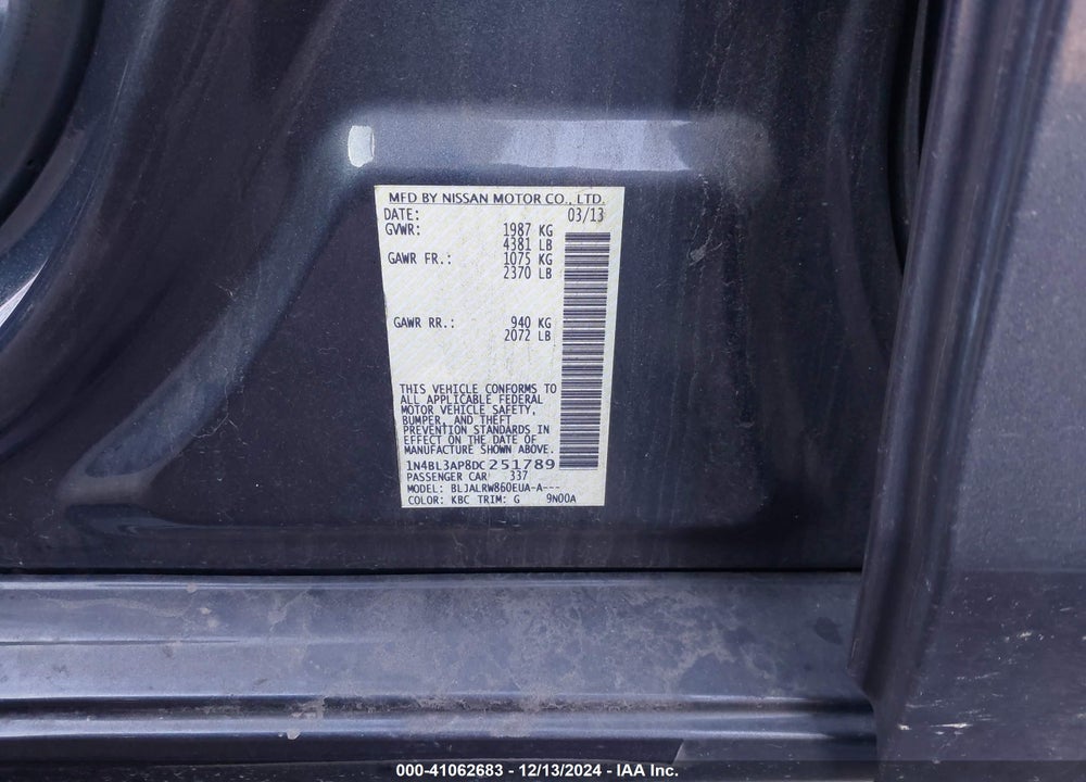 2013 NISSAN ALTIMA 3.5 S VIN: 1N4BL3AP8DC251789
