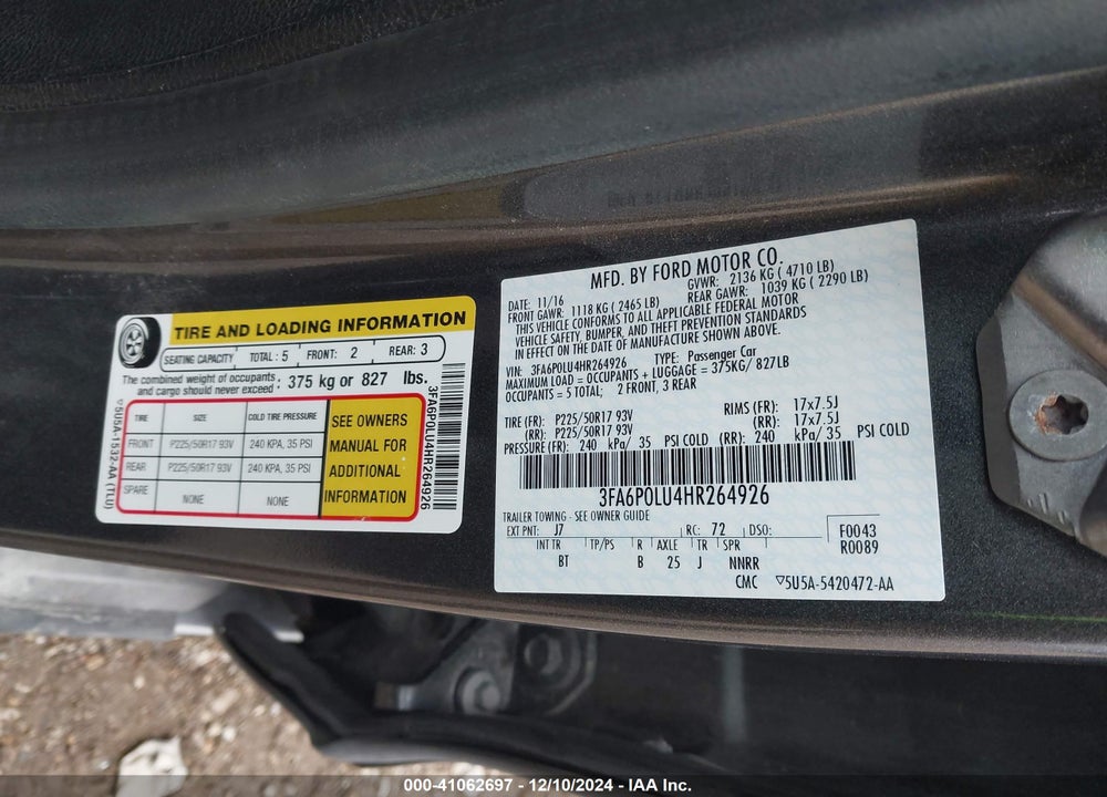 2017 FORD FUSION HYBRID SE VIN: 3FA6P0LU4HR264926