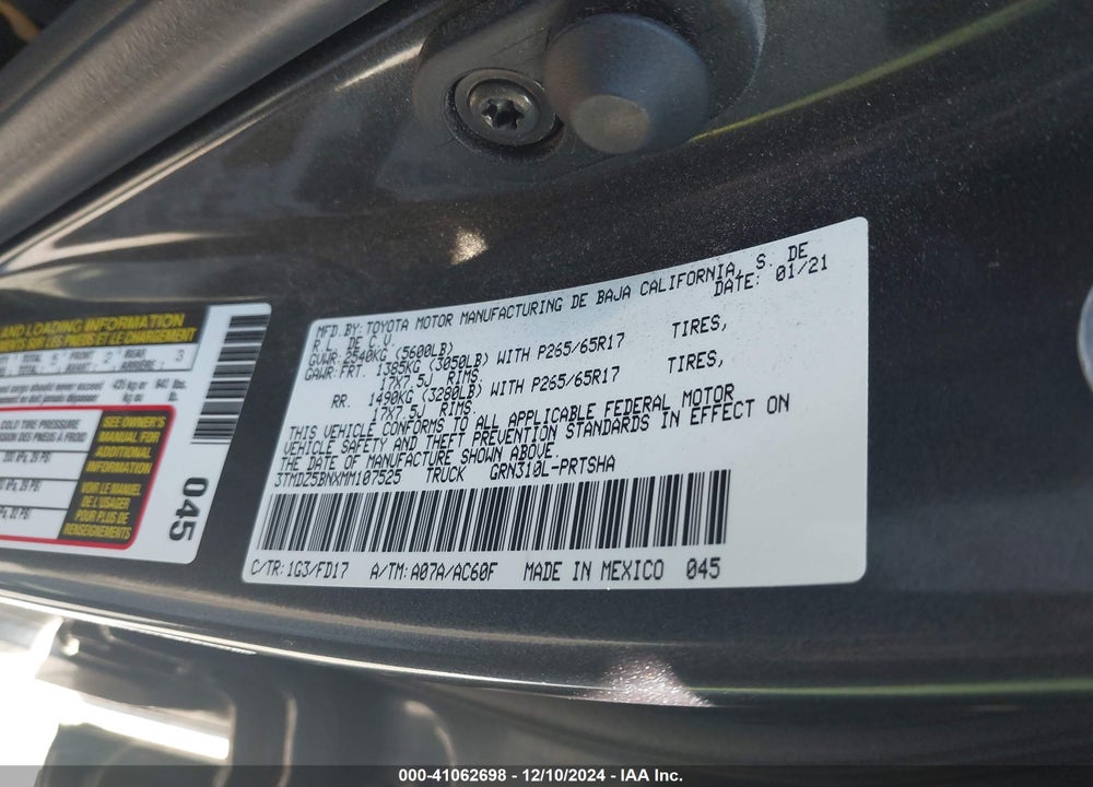 2021 TOYOTA TACOMA TRD SPORT VIN: 3TMDZ5BNXMM107525