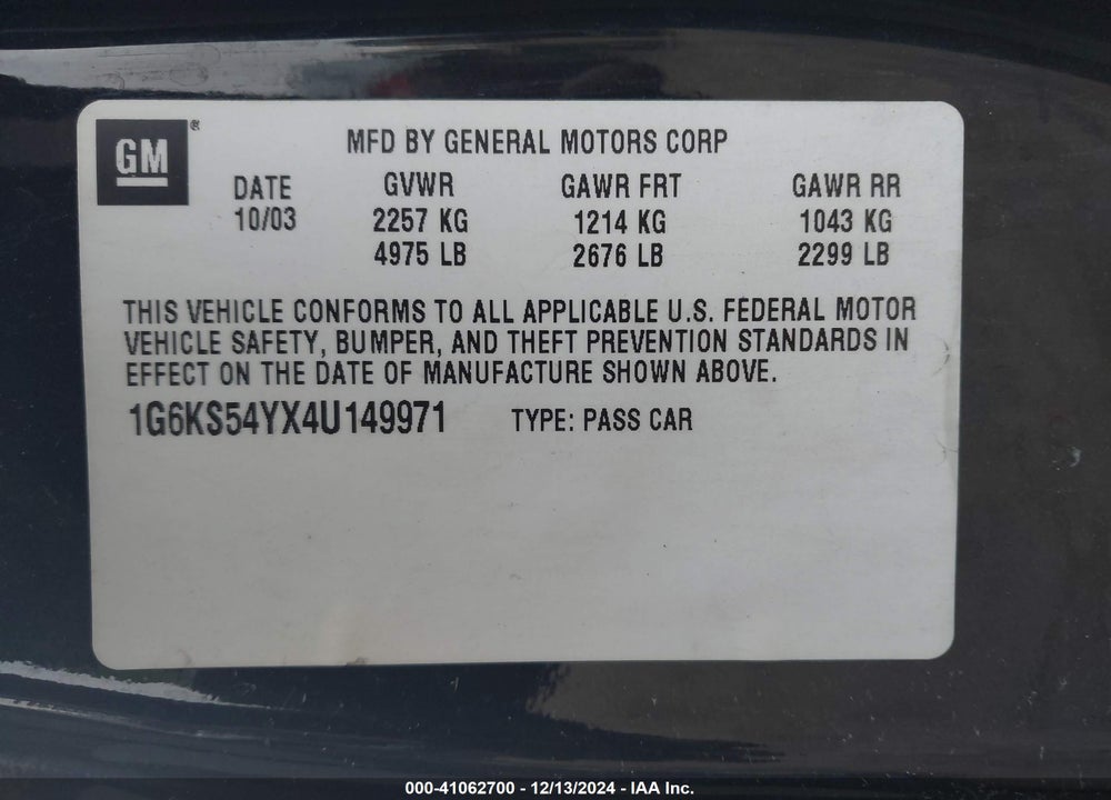 2004 CADILLAC SEVILLE SLS VIN: 1G6KS54YX4U149971