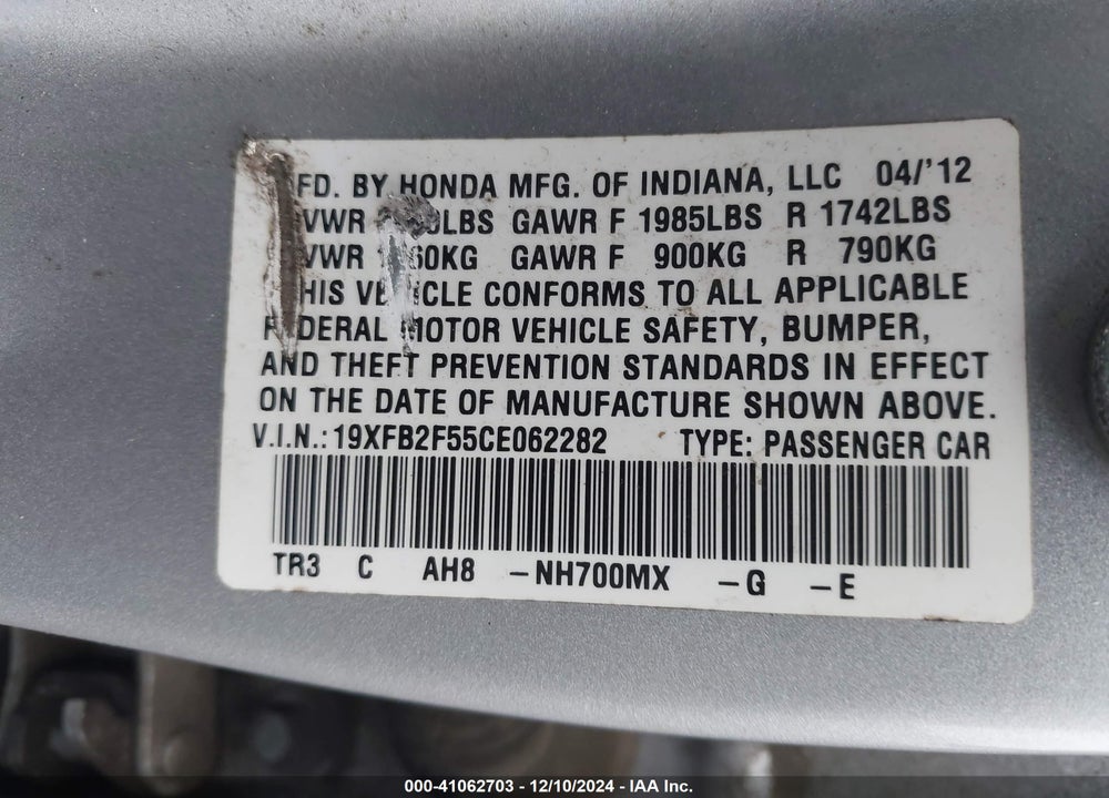 2012 HONDA CIVIC LX VIN: 19XFB2F55CE062282