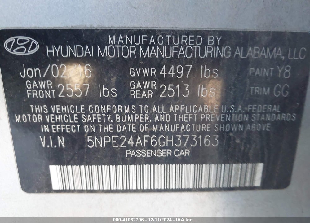 2016 HYUNDAI SONATA SE VIN: 5NPE24AF6GH373163