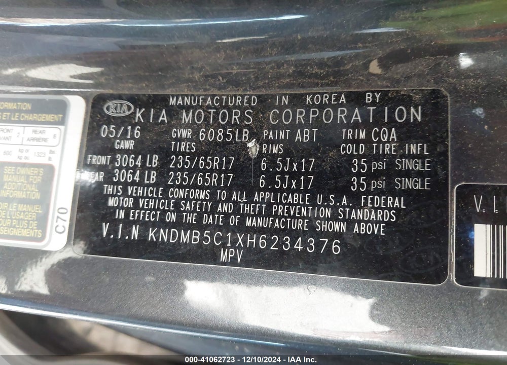 2017 KIA SEDONA LX VIN: KNDMB5C1XH6234376