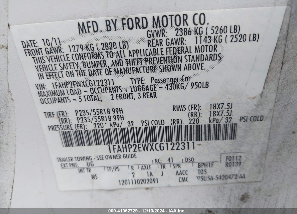 2012 FORD TAURUS SEL VIN: 1FAHP2EWXCG122311
