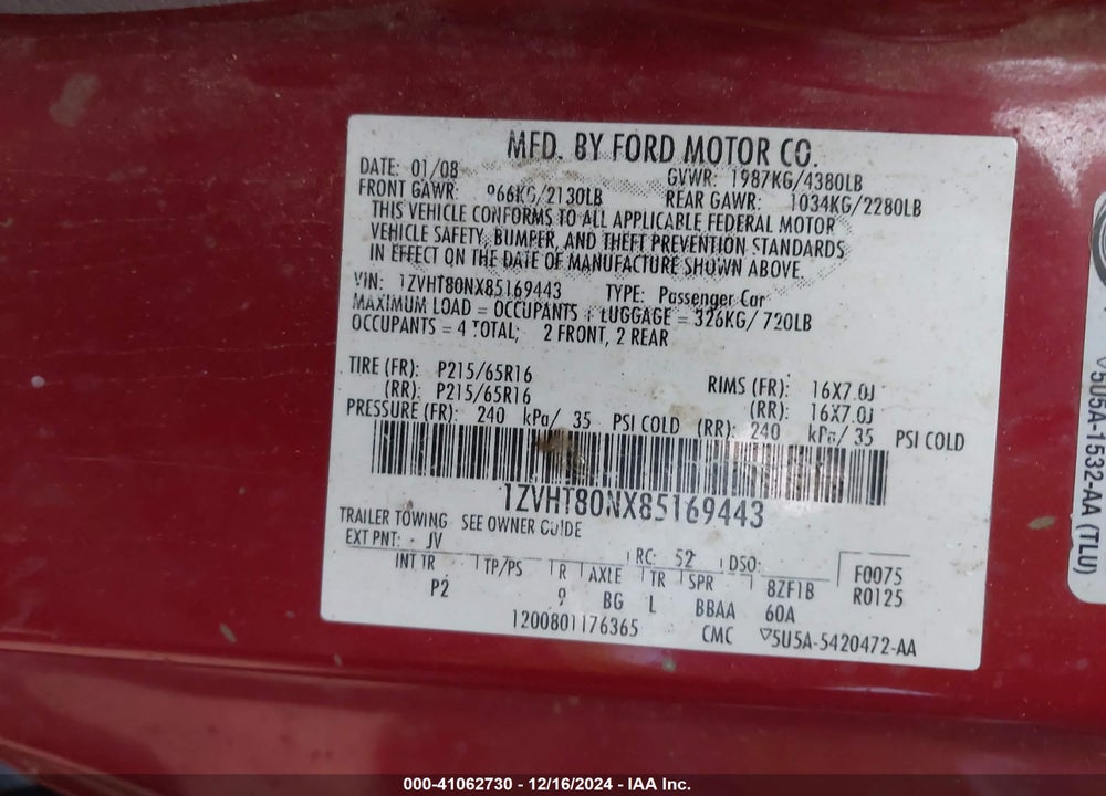 2008 FORD MUSTANG V6 DELUXE/V6 PREMIUM VIN: 1ZVHT80NX85169443