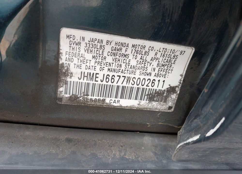 1998 HONDA CIVIC LX VIN: JHMEJ6677WS002611