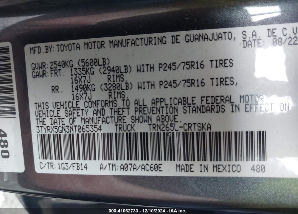 2022 TOYOTA TACOMA VIN: 3TYRX5GN3NT065354