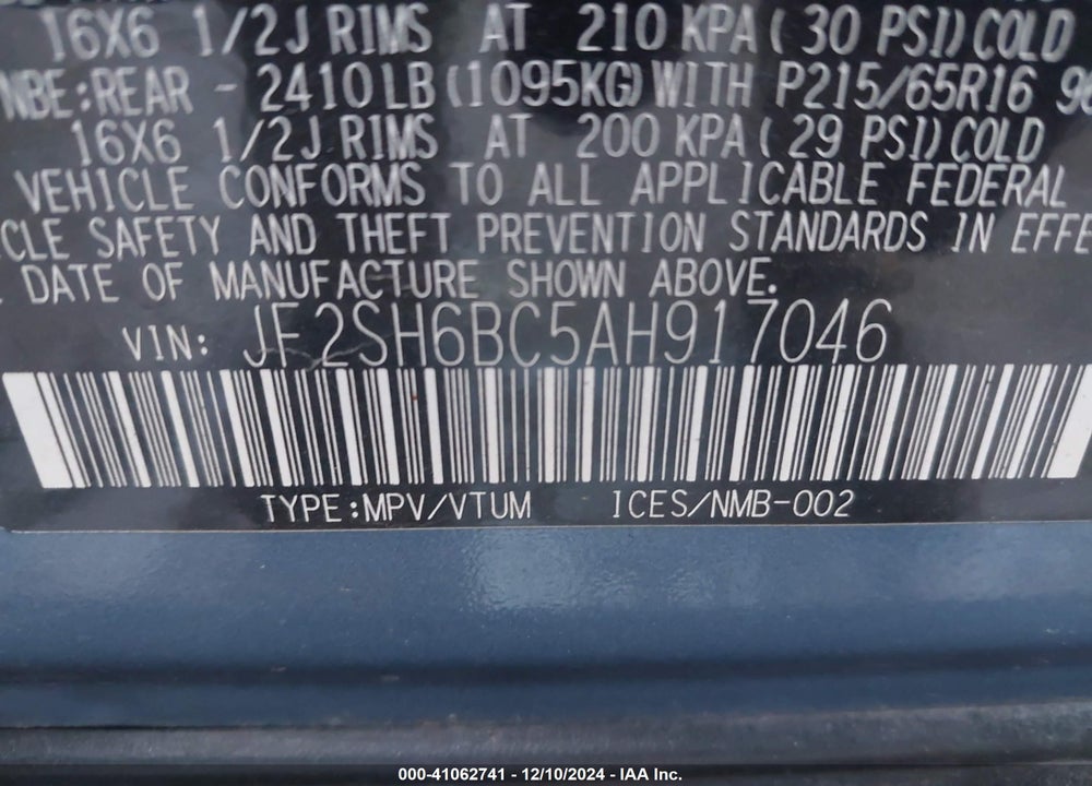 2010 SUBARU FORESTER 2.5X VIN: JF2SH6BC5AH917046
