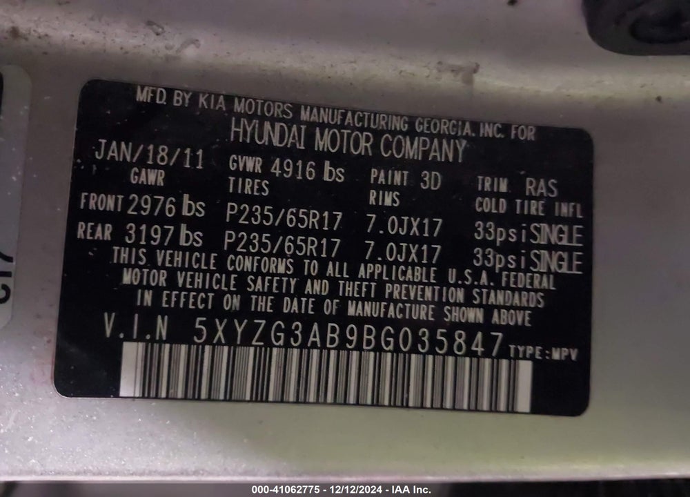 2011 HYUNDAI SANTA FE GLS VIN: 5XYZG3AB9BG035847