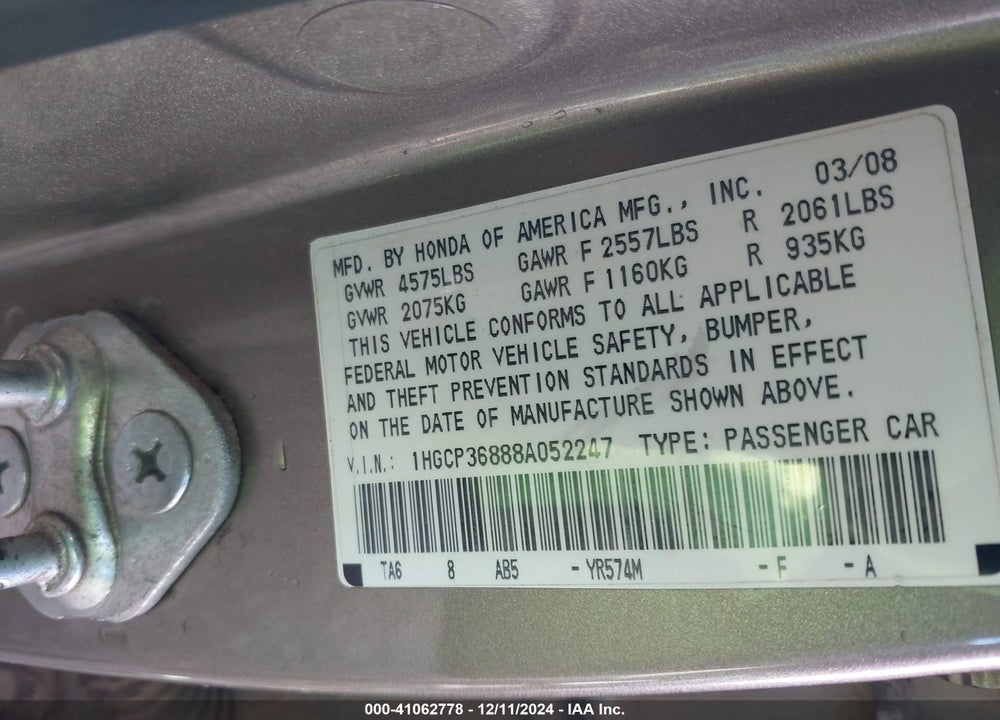 2008 HONDA ACCORD 3.5 EX-L VIN: 1HGCP36888A052247