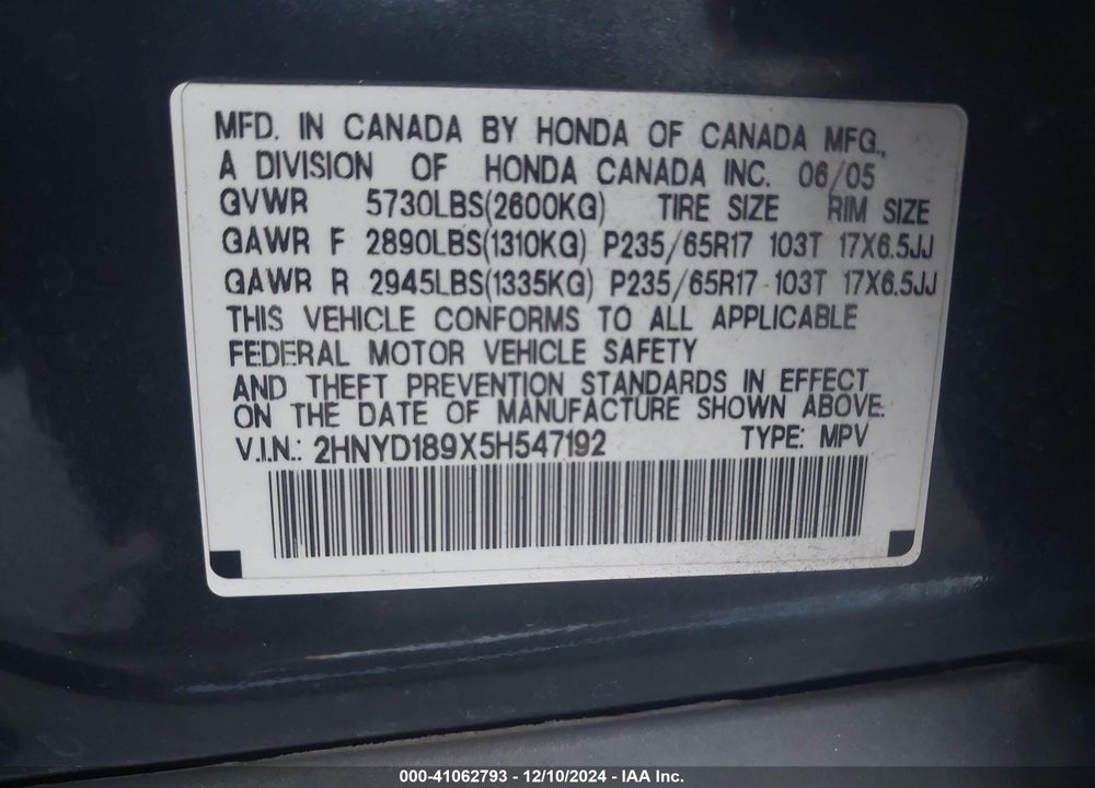2005 ACURA MDX VIN: 2HNYD189X5H547192