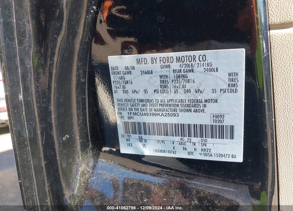 2009 FORD ESCAPE HYBRID LIMITED VIN: 1FMCU49399KA25093