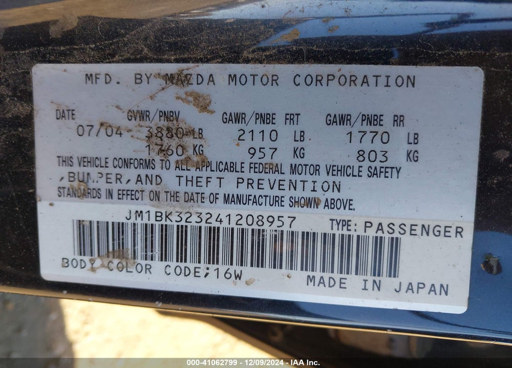 2004 MAZDA 3 S VIN: JM1BK323241208957