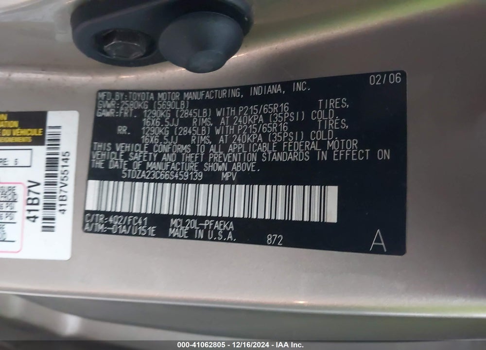 2006 TOYOTA SIENNA LE VIN: 5TDZA23C66S459139