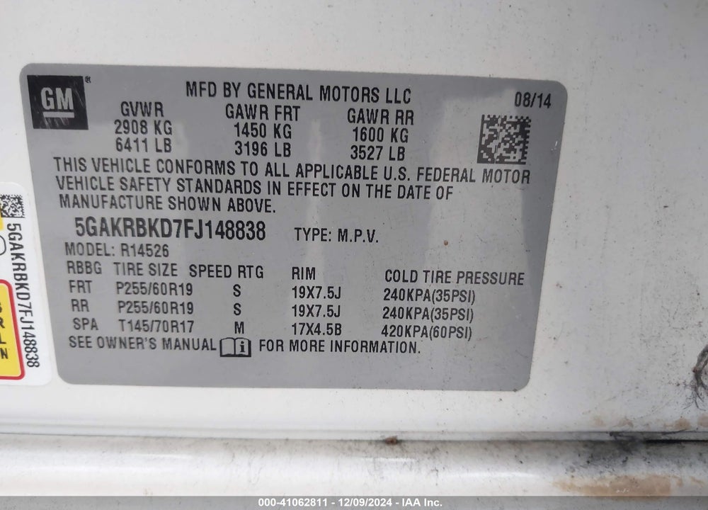 2015 BUICK ENCLAVE LEATHER VIN: 5GAKRBKD7FJ148838