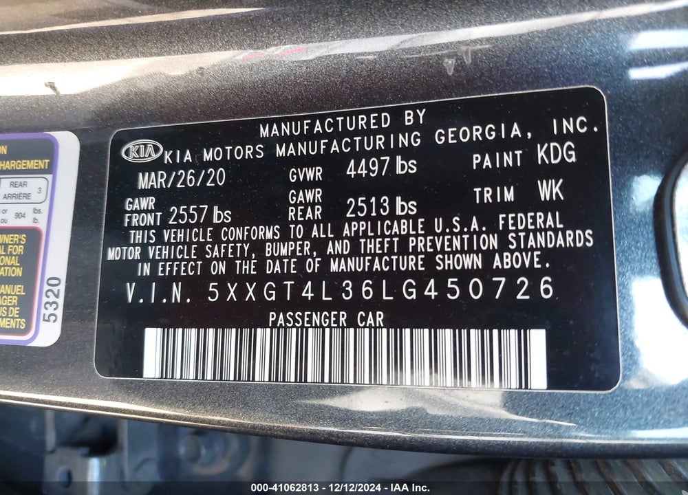 2020 KIA OPTIMA SE VIN: 5XXGT4L36LG450726