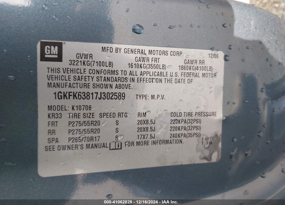 2007 GMC YUKON DENALI VIN: 1GKFK63817J302589