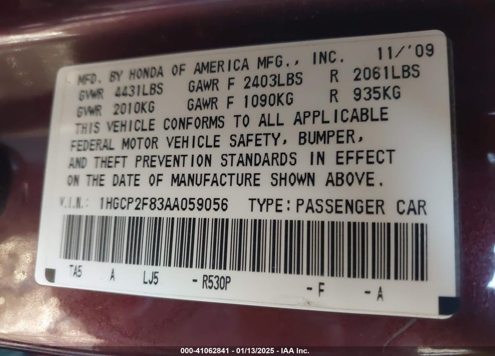 2010 HONDA ACCORD VIN: 1HGCP2F83AA059056