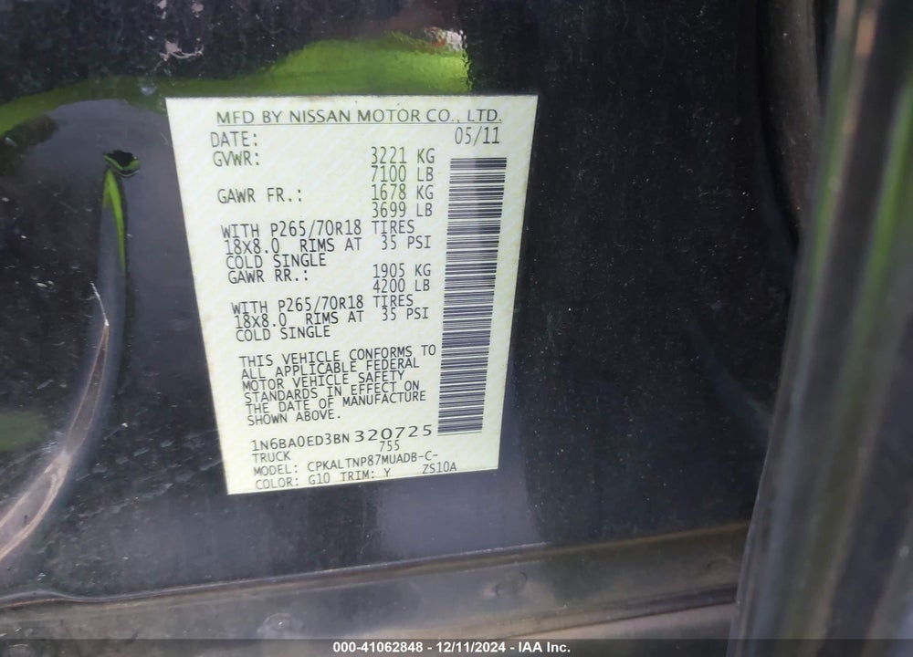 2011 NISSAN TITAN SV VIN: 1N6BA0ED3BN320725