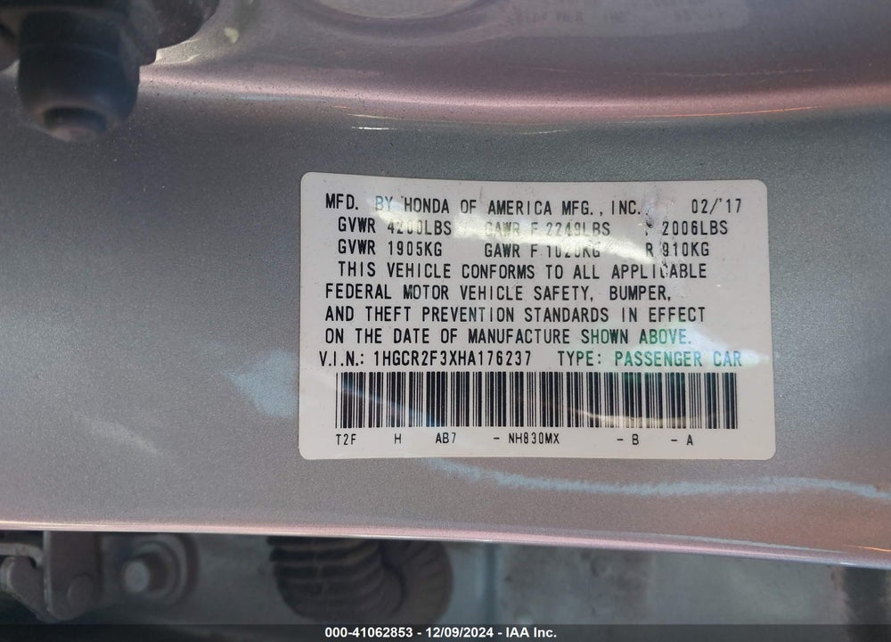 2017 HONDA ACCORD LX VIN: 1HGCR2F3XHA176237