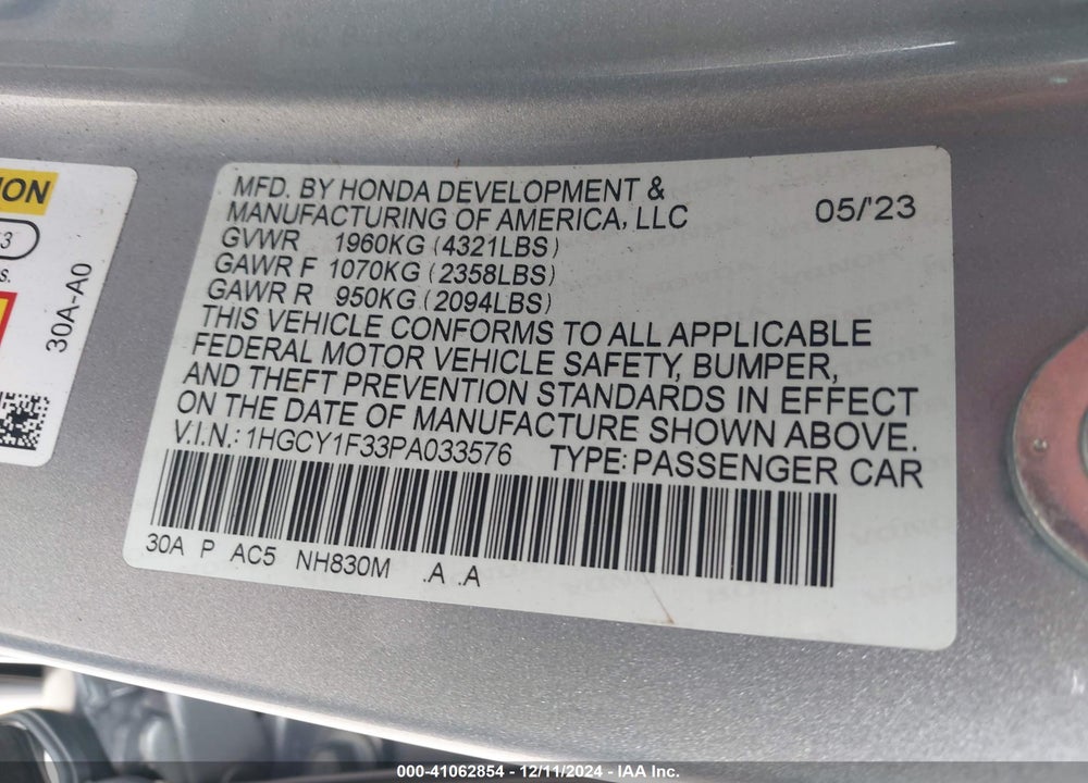 2023 HONDA ACCORD VIN: 1HGCY1F33PA033576
