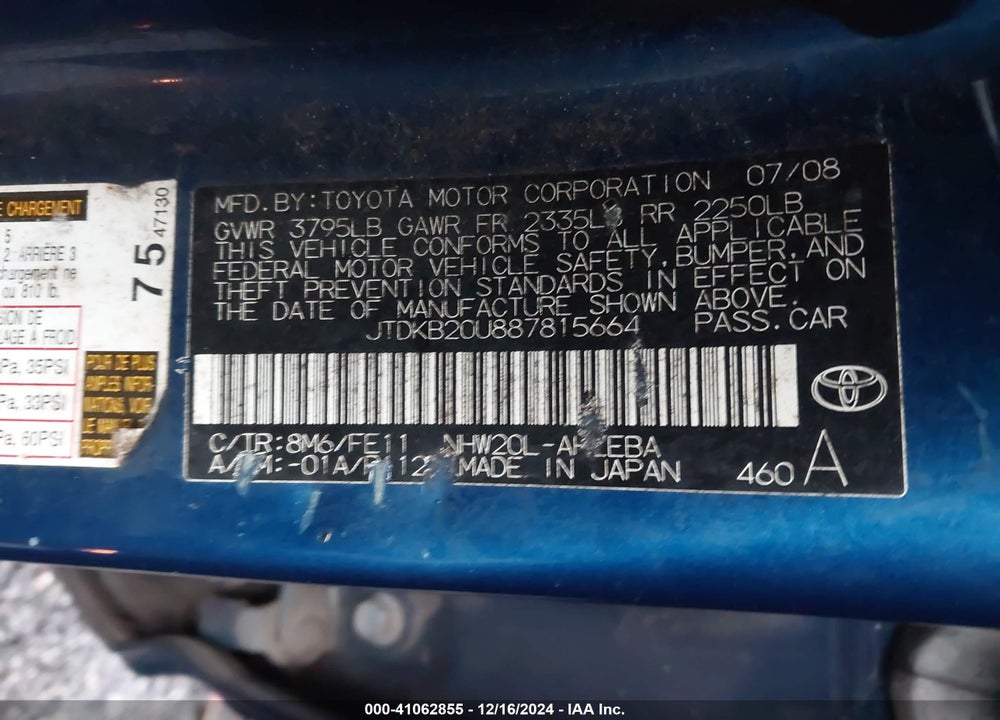 2008 TOYOTA PRIUS VIN: JTDKB20U887815664