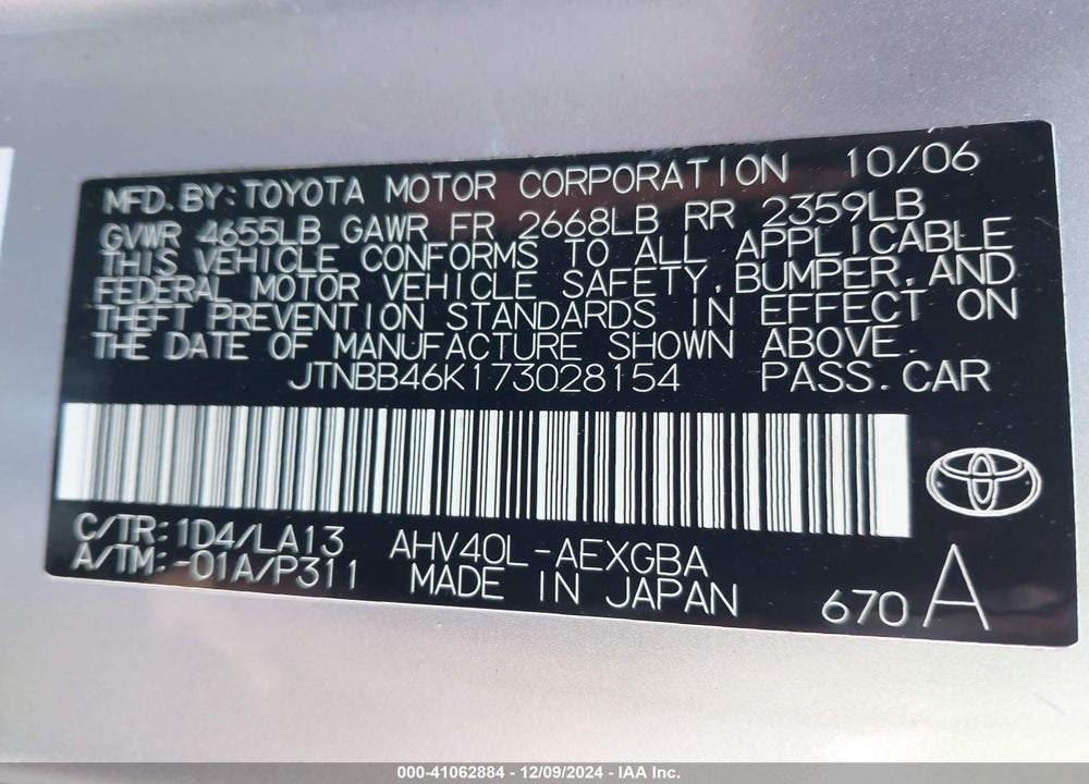 2007 TOYOTA CAMRY HYBRID VIN: JTNBB46K173028154