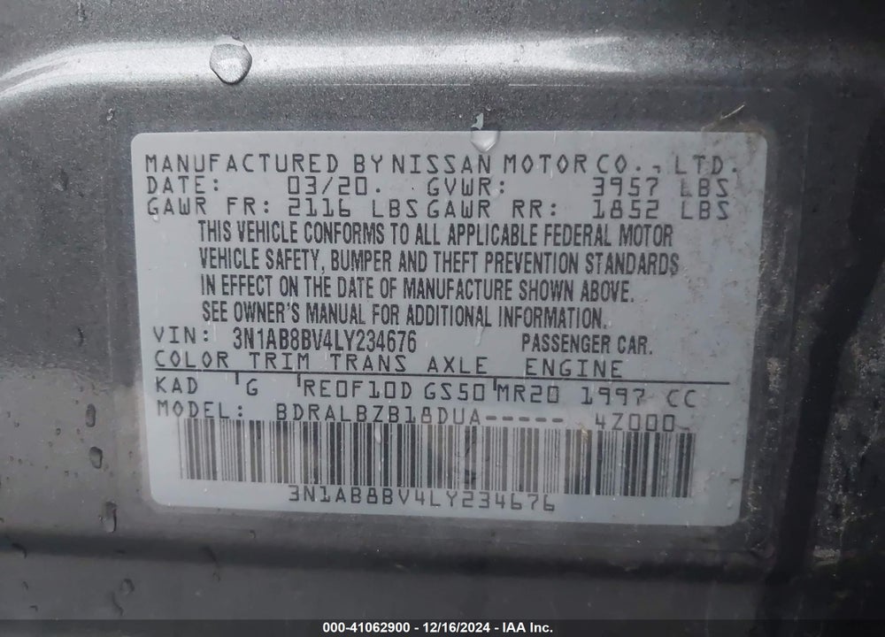 2020 NISSAN SENTRA S XTRONIC CVT VIN: 3N1AB8BV4LY234676