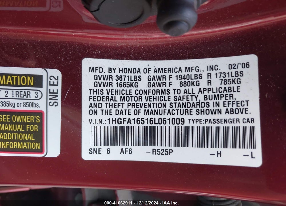 2006 HONDA CIVIC LX VIN: 1HGFA16516L061009