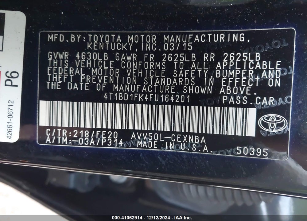2015 TOYOTA CAMRY HYBRID LE VIN: 4T1BD1FK4FU164201