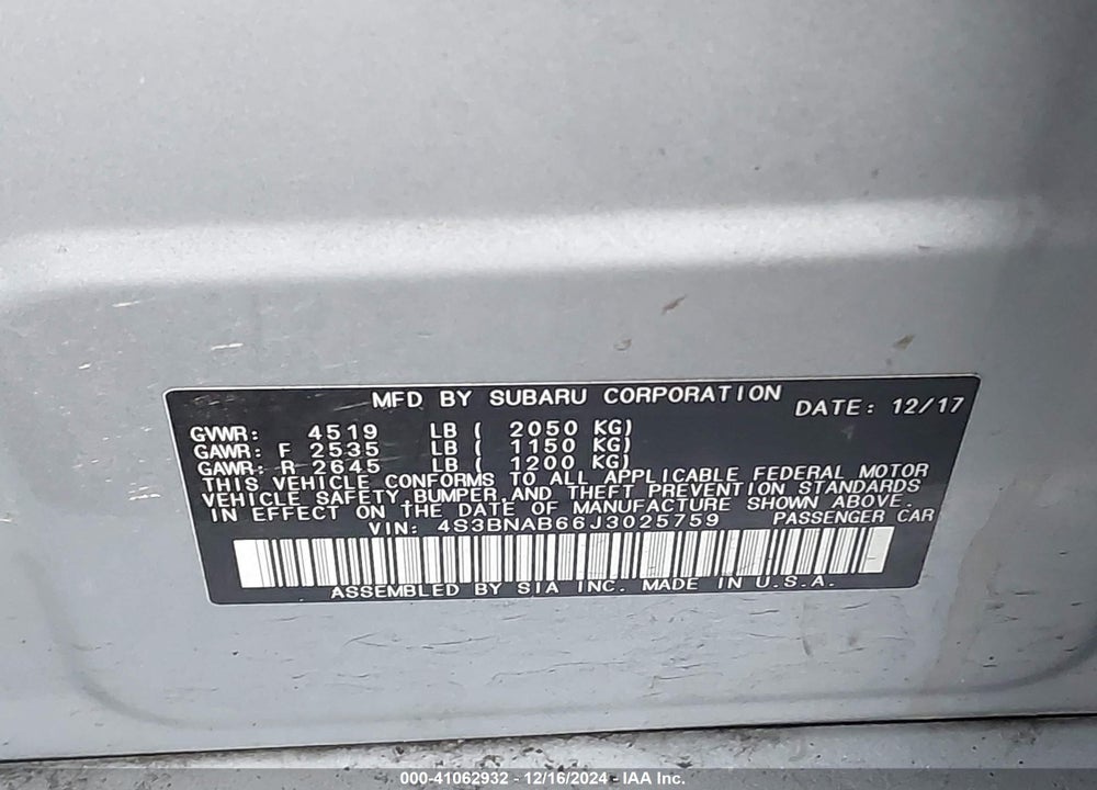 2018 SUBARU LEGACY VIN: 4S3BNAB66J3025759