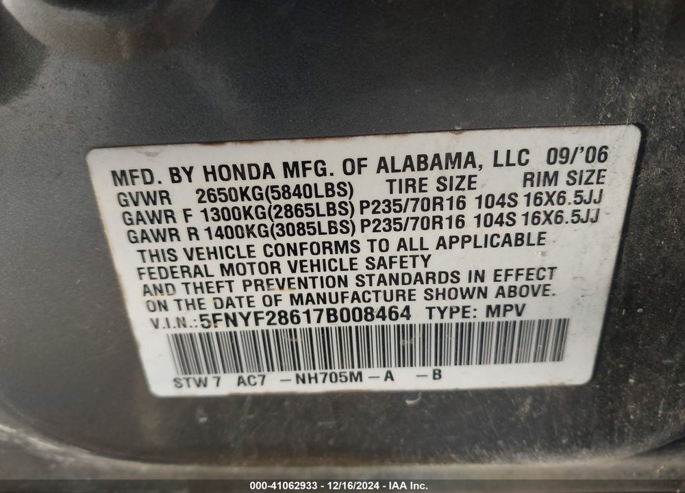 2007 HONDA PILOT EX-L VIN: 5FNYF28617B008464