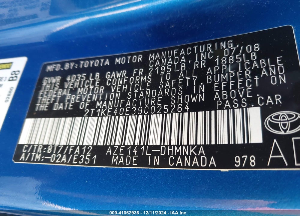 2009 TOYOTA MATRIX S VIN: 2T1KE40E39C025264