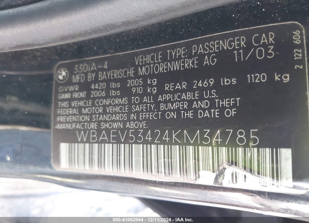 2004 BMW 330I VIN: WBAEV53424KM34785