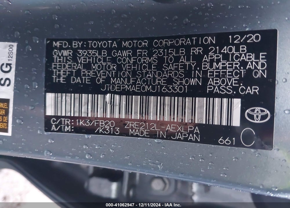 2021 TOYOTA COROLLA LE VIN: JTDEPMAE0MJ163301