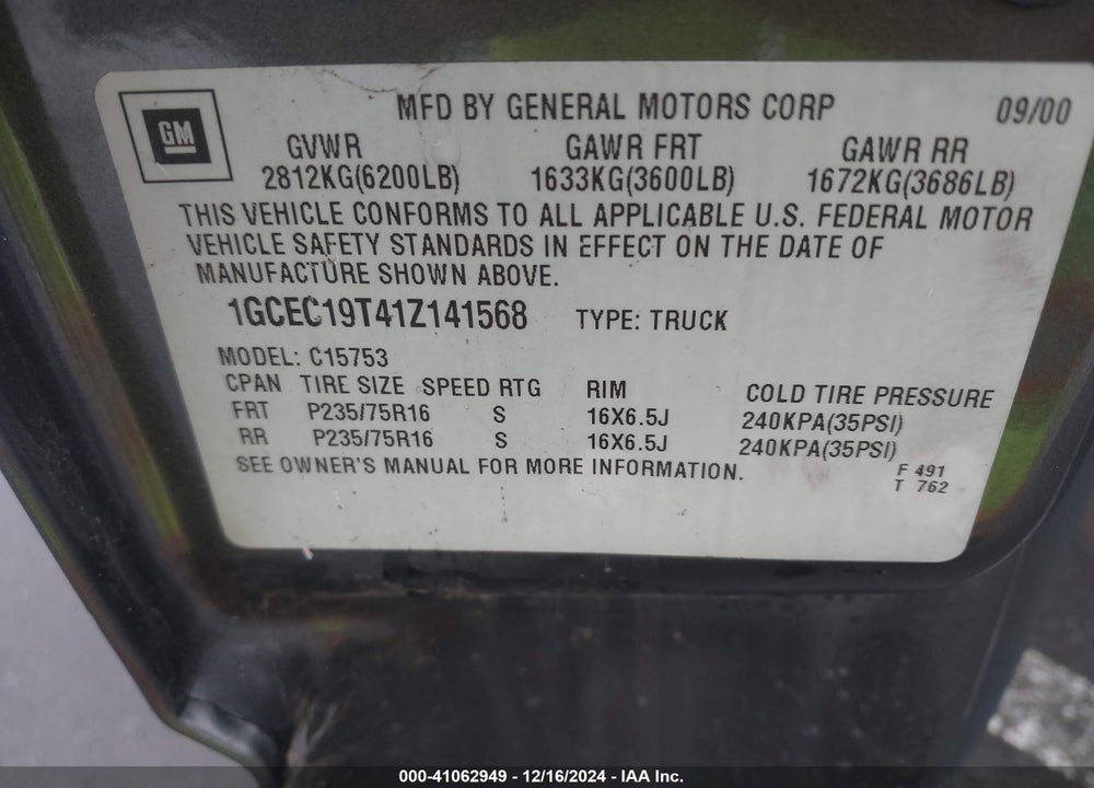 2001 CHEVROLET SILVERADO 1500 LS VIN: 1GCEC19T41Z141568