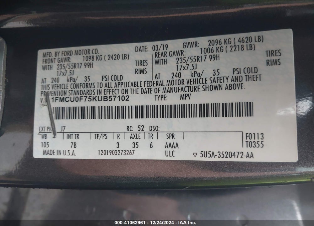 2019 FORD ESCAPE S VIN: 1FMCU0F75KUB57102