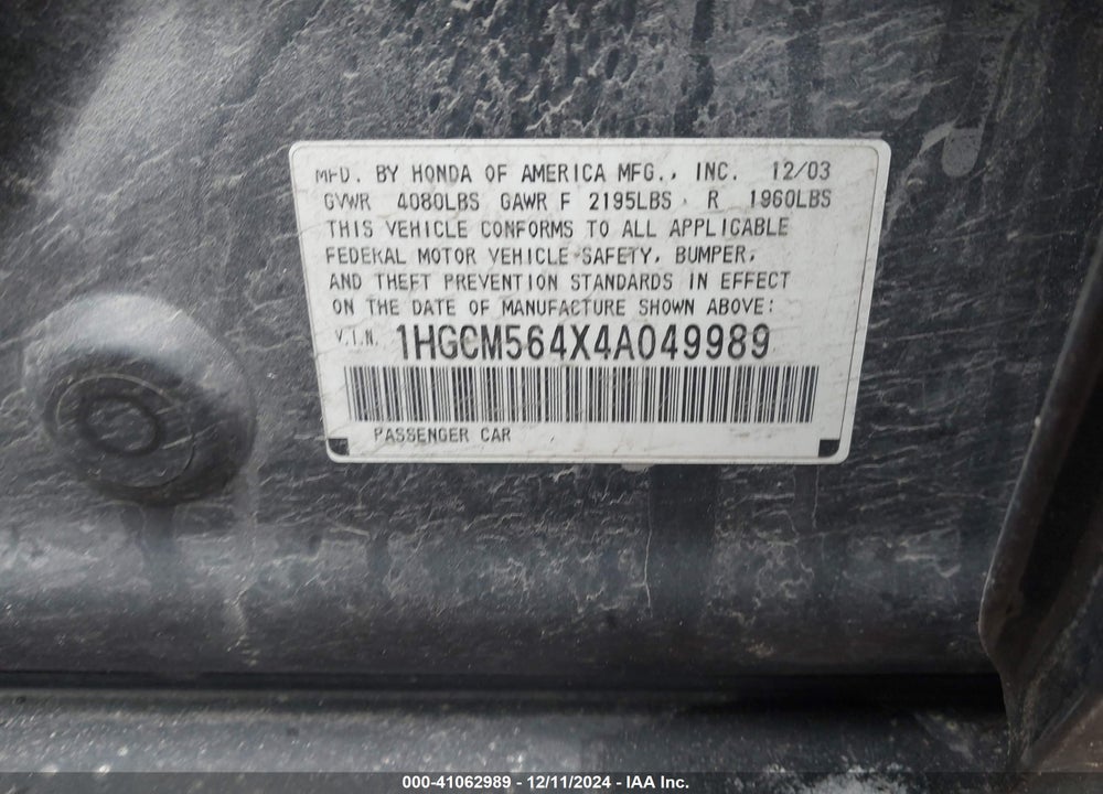 2004 HONDA ACCORD 2.4 LX VIN: 1HGCM564X4A049989